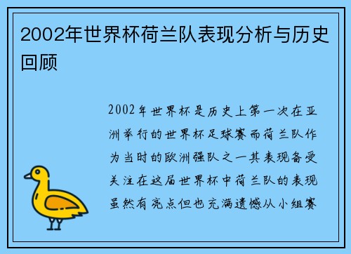 2002年世界杯荷兰队表现分析与历史回顾